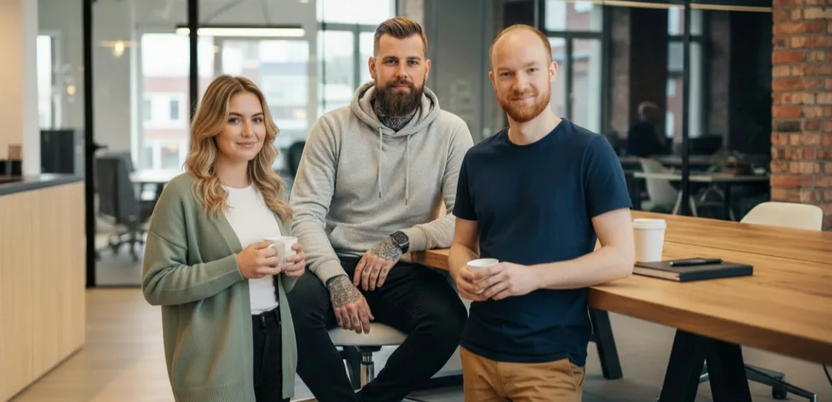 Three Studio Ubique team members with coffee in the Zwolle office